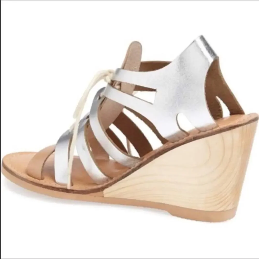 A603 • Silver Leather Wooden Wedge Sandals